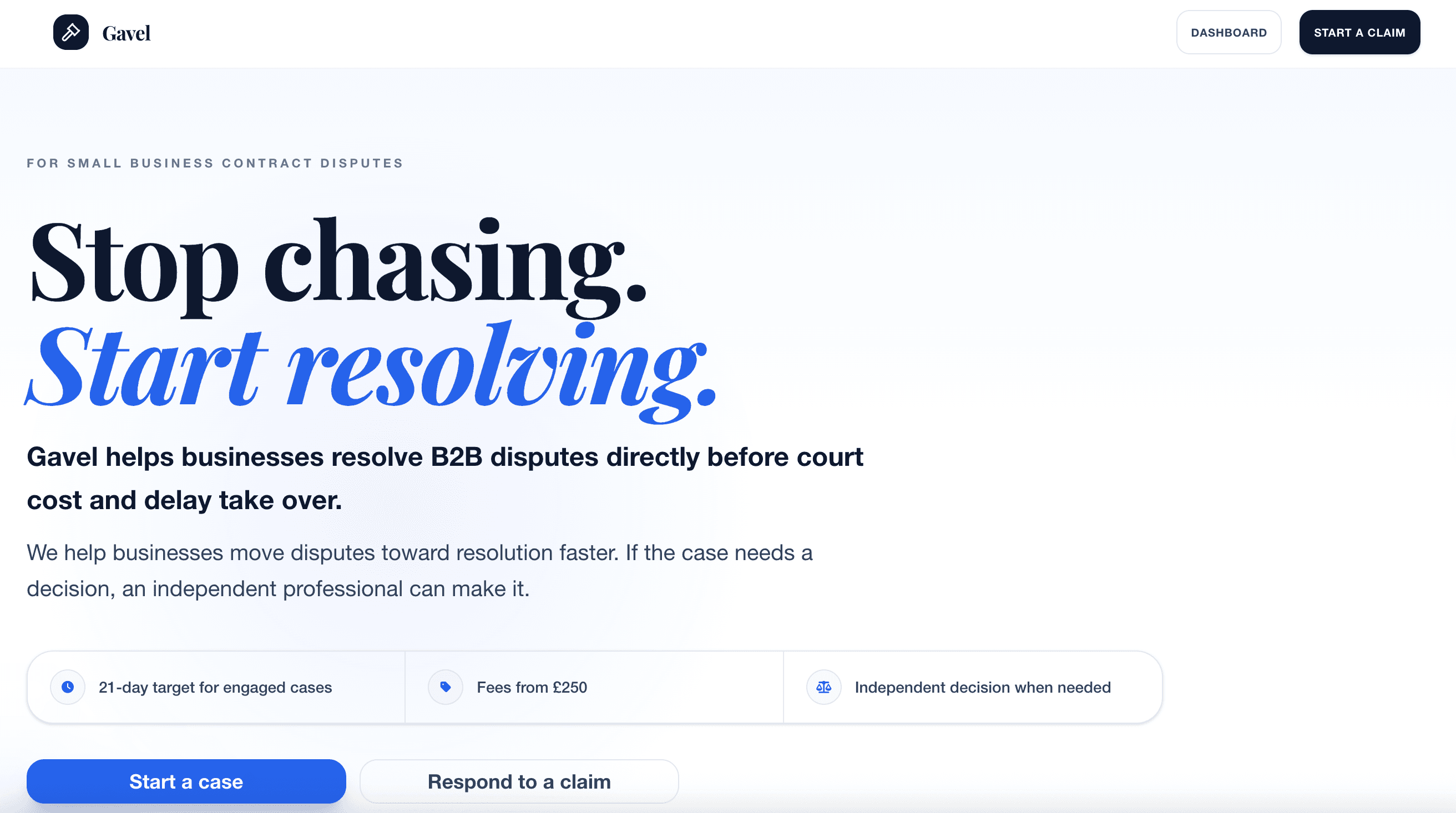 Gavel homepage explaining its business dispute resolution service